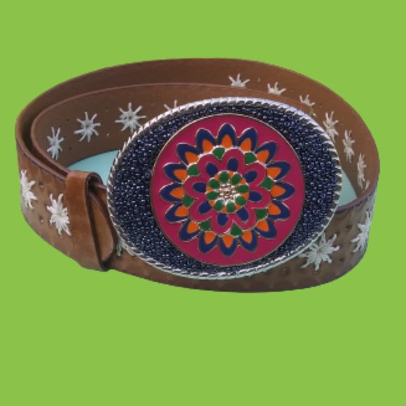 Boho hippie  leather belt with snap in colorful metal buckle size SM 32 inches main image 16